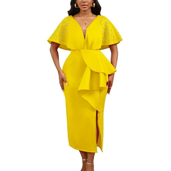 Womens Sexy Cocktail Dress Beaded Pleated Design Short Sleeved Club Party Dress