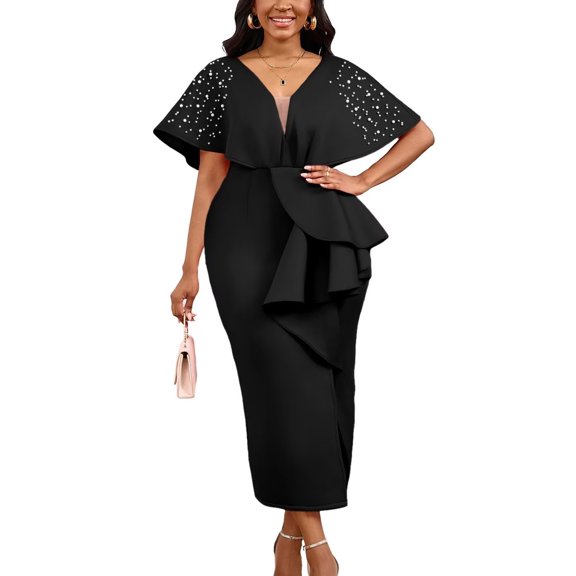 Womens Sexy Cocktail Dress Beaded Pleated Design Short Sleeved Club Party Dress