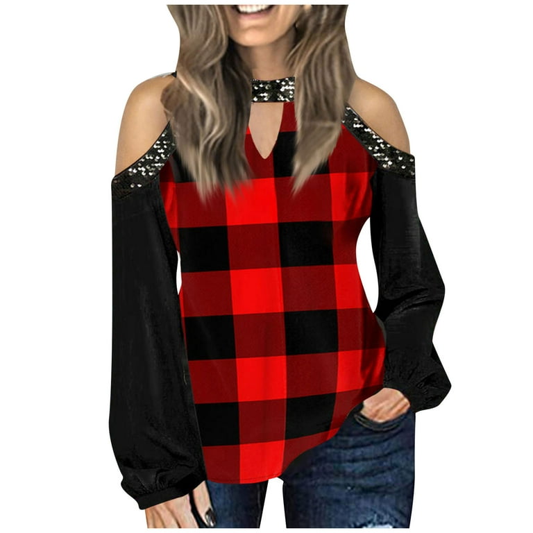 Women Summer Plaid Long Sleeve Off Shoulder Top Women Summer Plaid Long Sleeve Off Shoulder Top