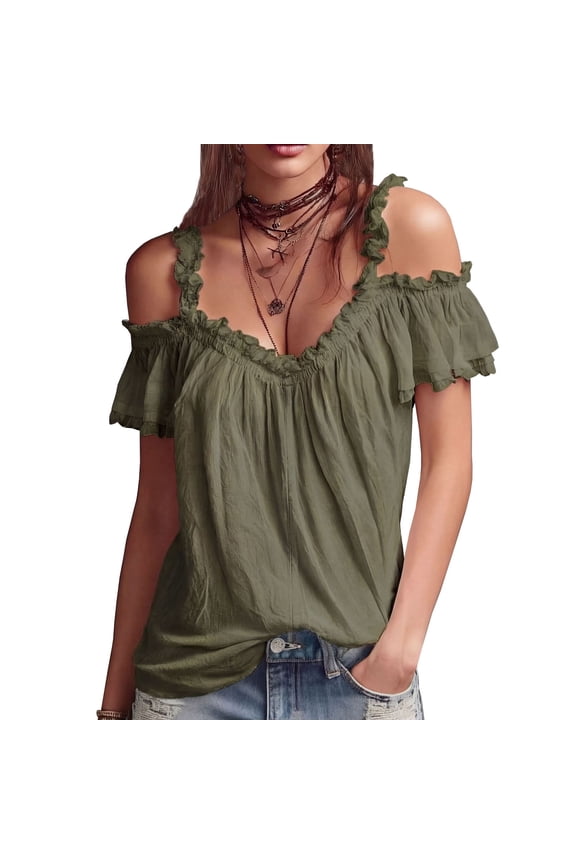 Womens Sexy Cold Shoulder Ruffle Tops Casual Off Shoulder Short Sleeve Open Shoulder Shirts