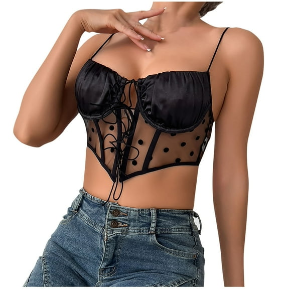 Womens Sexy Corset Crop Top Summer Sheer Mesh Tie Front Boned Bustier Tops Slimming Spaghetti Strap Bodysuit Bralette, Black, M