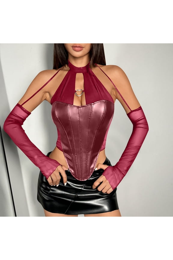 Womens Sexy Corset Top Sleeveless Halter Blouse Vintage Lace Patchwork Tube Top Fashion Solid Color Slim Fit Crop Shirt Elegant Party Clubwear Bustier Tops for Women