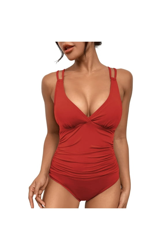 Womens Sexy Criss Back Swimwear - V-Neck, Adjustable Straps, Ruched Tummy Control, High Cut, UPF 50+