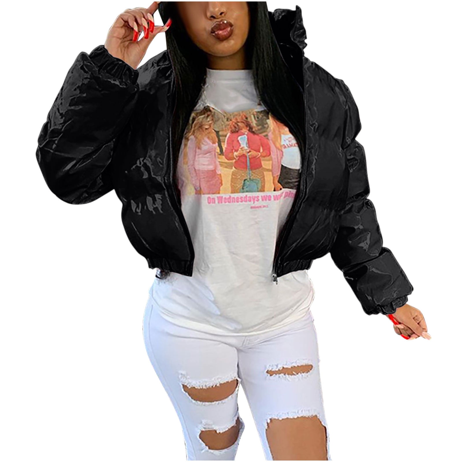 Womens Sexy Cropped Down Jackets Fashion Shiny Puffer Short Coats