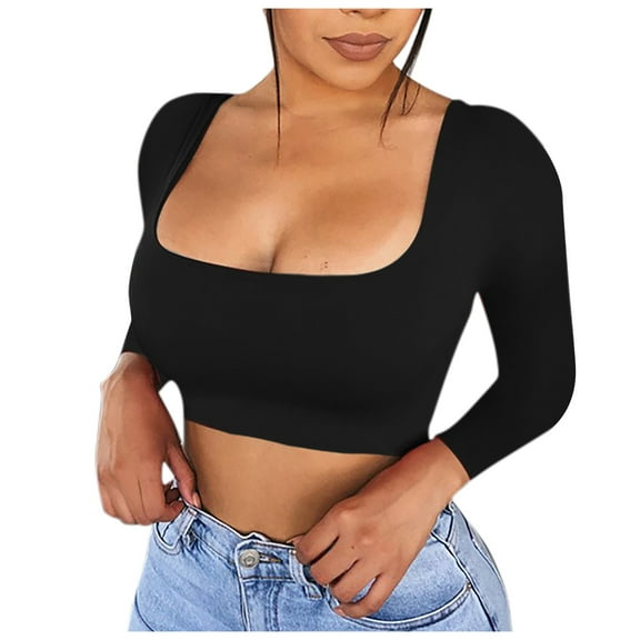 Womens Cropped Shirts Long Sleeve Square Neck Fitted Basic Crop Top