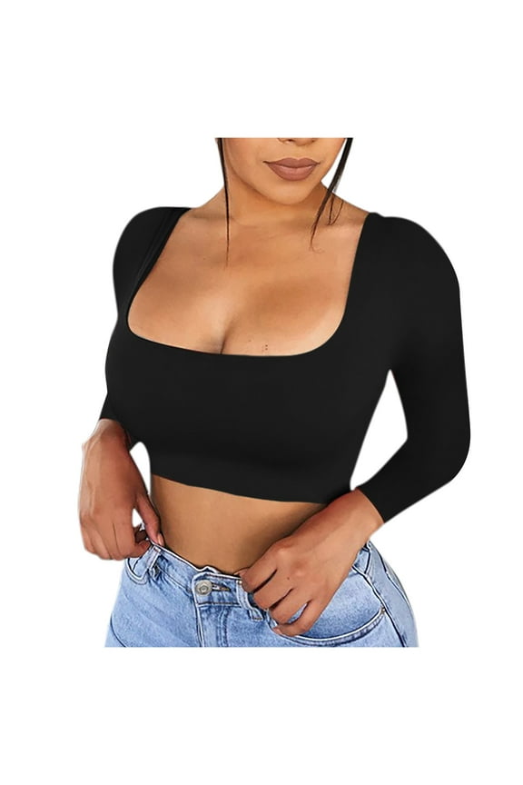 Womens Cropped Shirts Long Sleeve Square Neck Fitted Basic Crop Top