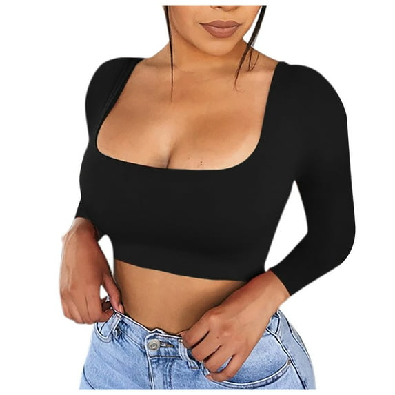 Womens Cropped Shirts Long Sleeve Square Neck Fitted Basic Crop Top