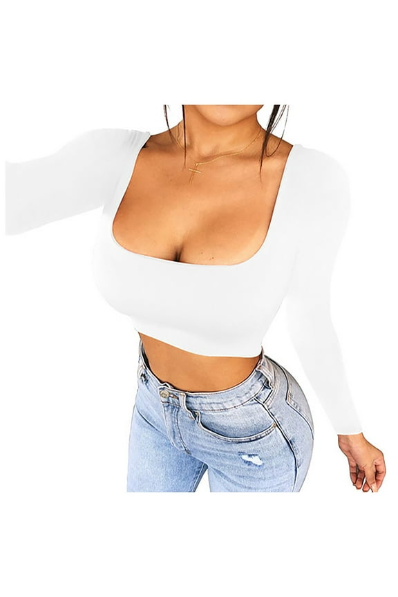 Womens Sexy Cropped Shirts Long Sleeve Square Scoop Neck Fitted Basic Crop Top Womens Long Sleeve Tops Cropped Tee Fashion Clothing Spring Fashion