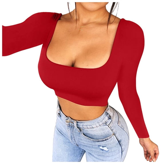 Womens Sexy Cropped Shirts Long Sleeve Square Scoop Neck Fitted Basic Crop Top Womens Long Sleeve Tops Cropped Tee Fashion Clothing Spring Fashion