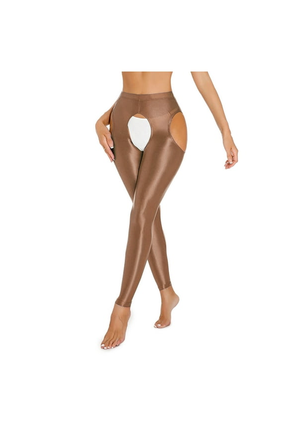 Womens Sexy Crotchless Pants Underwear Solid Color Lingerie Tights Pantyhose Leggings Tights Shiny Oil Glossy Stretchy Stockings