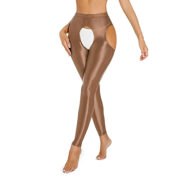 Womens Sexy Crotchless Pants Underwear Solid Color Lingerie Tights Pantyhose Leggings Tights Shiny Oil Glossy Stretchy Stockings