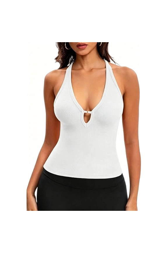 Womens Sexy Deep V Neck Halter Tops Ribbed Racerback Tank Slim Fit Trendy Y2k Summer Going Out Sleeveless Top