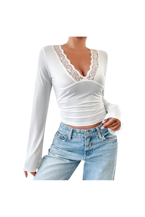 Womens Sexy Deep V Neck Lace Long Sleeve Shirts Basic Slim Fit Double Lined Going Out Y2K Trendy Spring Tops