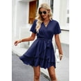 thumbnail image 1 of Womens Sexy Deep V Neck Short Sleeve Tie Waist Ruffle Hem Flowy Swing Mini Short Wrap Dress, 1 of 7