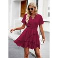 thumbnail image 1 of Womens Sexy Deep V Neck Short Sleeve Tie Waist Ruffle Hem Flowy Swing Mini Short Wrap Dress, 1 of 6