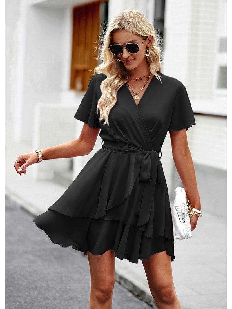 deep v neck swing dress Womens Sexy Deep V Neck Short Sleeve Tie Waist Ruffle Hem Flowy Swing Mini  Short Wrap Dress