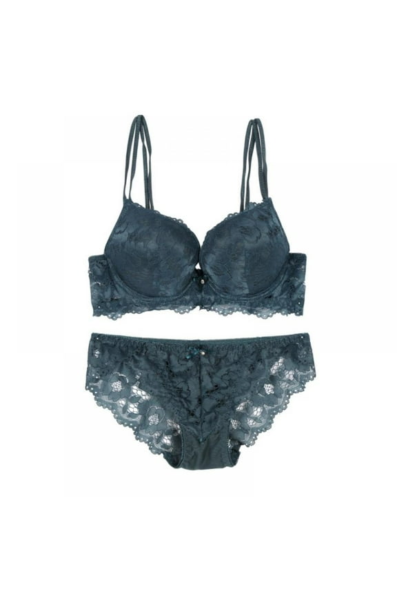 Womens Sexy Embroidery Lace Plunge Push Up Bra Set Underwear and Panties Set