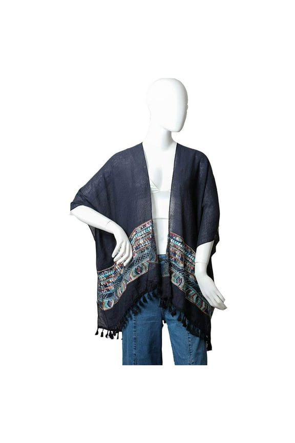 Womens Sexy Fashion Beach Blouses Geometic Embroidered Kimono Cardigan Long Bikini Cover Up (Navy)