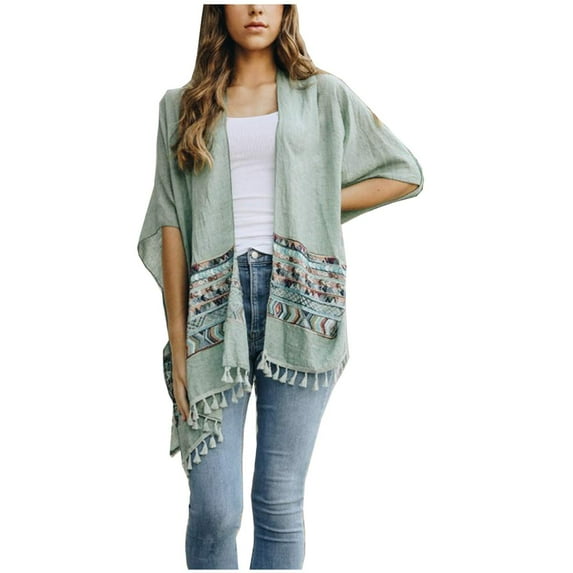 Womens Sexy Fashion Beach Blouses Geometic Embroidered Kimono Cardigan Long Bikini Cover Up (Sage)