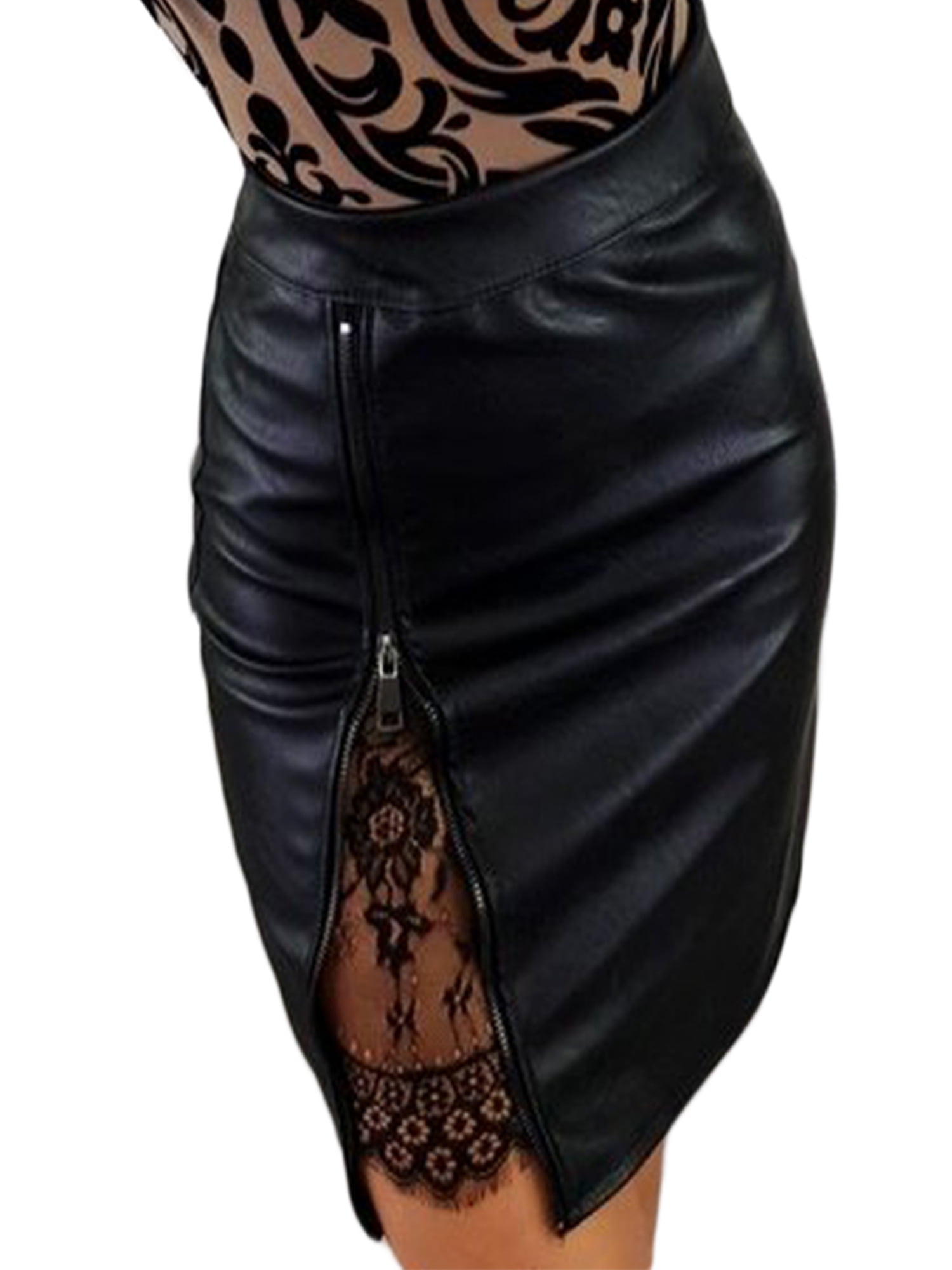 Womens Sexy Faux Leather Mini Skirts, Plus Size High Waist Lace Patchwork  Side Zipper Bodycon Office Pencil Short Skirt