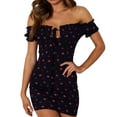 thumbnail image 1 of Womens Sexy Floral Mini Dress Off The Shoulder Lace Up Ruffle Bodycon Dresses Beach Party, 1 of 3