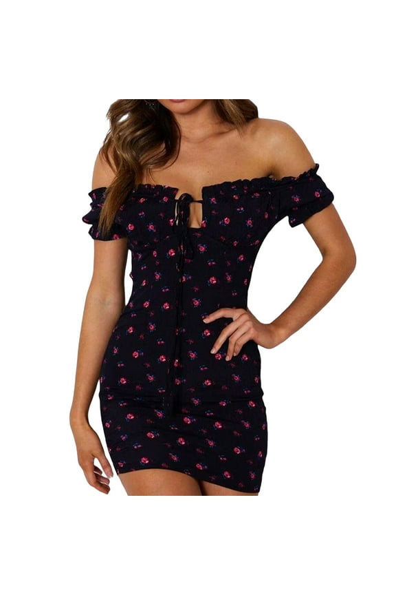 Womens Sexy Floral Mini Dress Off The Shoulder Lace Up Ruffle Bodycon Dresses Beach Party