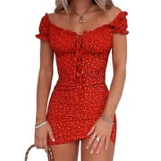 MULTITRUST Womens Sexy Floral Mini Dress Off The Shoulder Lace Up Ruffle Bodycon Dresses Beach Party