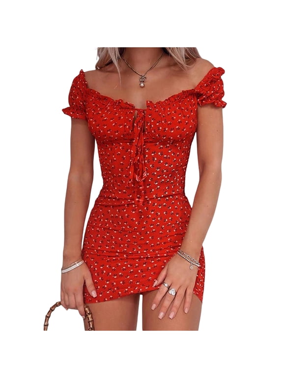 Womens Sexy Floral Mini Dress Off The Shoulder Lace Up Ruffle Bodycon Dresses Beach Party