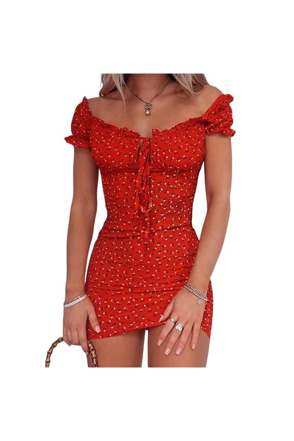 Womens Sexy Floral Mini Dress Off The Shoulder Lace Up Ruffle Bodycon Dresses Beach Party