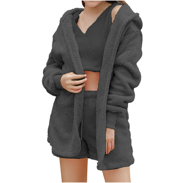  Women's Fluffy 3 Piece Pajamas Set, Sexy Fuzzy Fleece