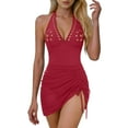 thumbnail image 1 of Womens Sexy Hollow One Piece Swimsuits Halter Push Up V Neck Bathing Suits Ruched Swim Skirts, 1 of 6