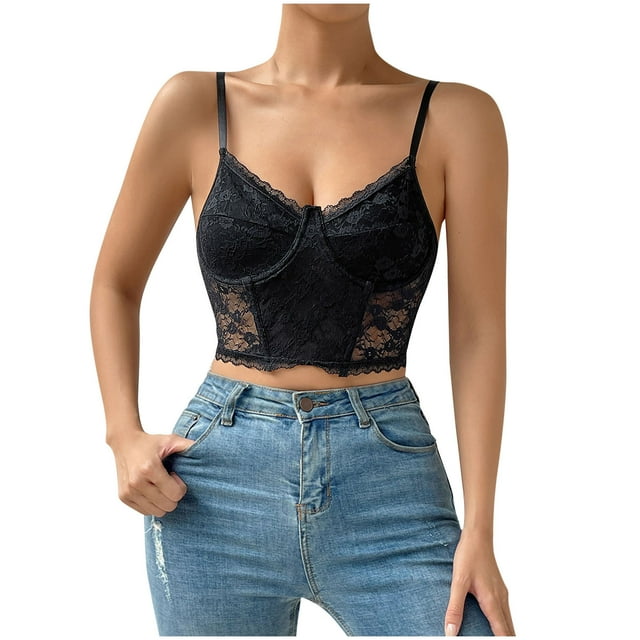 Womens Sexy Lace Corset Crop Top Summer Spaghetti Strap Underwire Bustier Tops Sheer Mesh Boned Slimming Bodysuit Bralette, Black, L