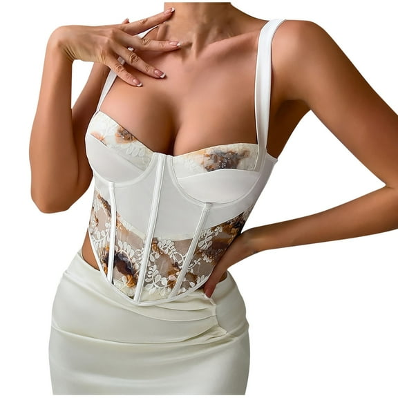 Womens Sexy Lace Corset Top Summer Elegant Sheer Mesh Spaghetti Strap Crop Tops Going Out Boned Bustier Bralette Bodysuit, White, L
