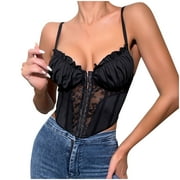 Womens Sexy Lace Corset Top Summer Sheer Mesh Front Closure Boned Bustier Tops Spaghetti Strap Pleated Bodysuit Bralette, Black, S