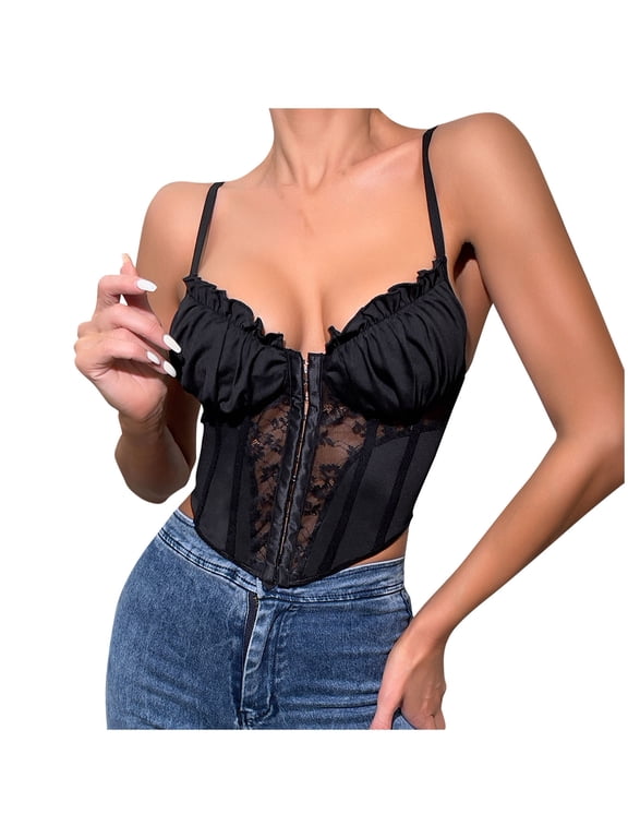 Womens Sexy Lace Corset Top Summer Sheer Mesh Front Closure Boned Bustier Tops Spaghetti Strap Pleated Bodysuit Bralette, Black, S
