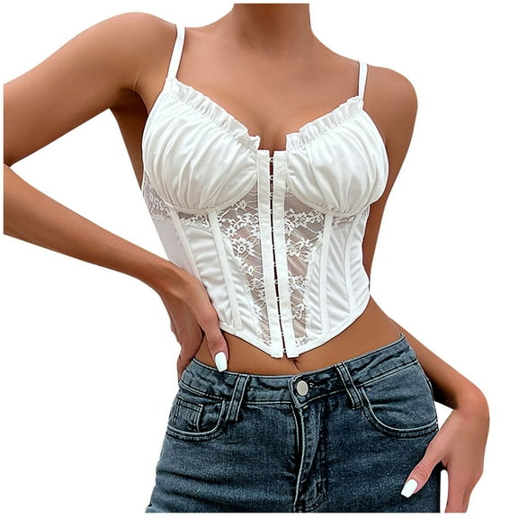Womens Sexy Lace Corset Top Summer Sheer Mesh Front Closure Boned Bustier Tops Spaghetti Strap Pleated Bodysuit Bralette, White, L
