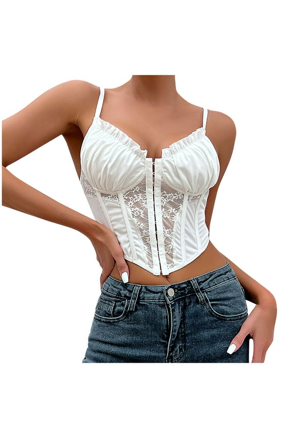 Womens Sexy Lace Corset Top Summer Sheer Mesh Front Closure Boned Bustier Tops Spaghetti Strap Pleated Bodysuit Bralette, White, S