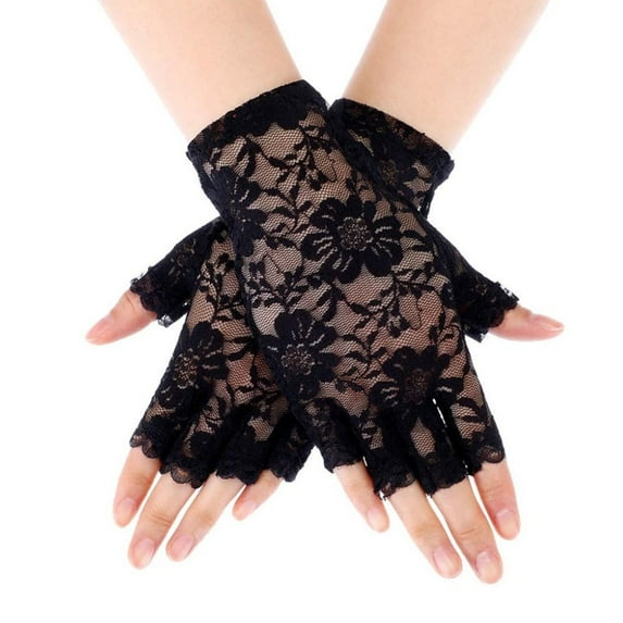 Womens Sexy Lace Driving Gloves Ladies Long Fingerless Half Finger Fishnet Gloves Lace Gloves Mesh Mitten Dance Gloves BLACK
