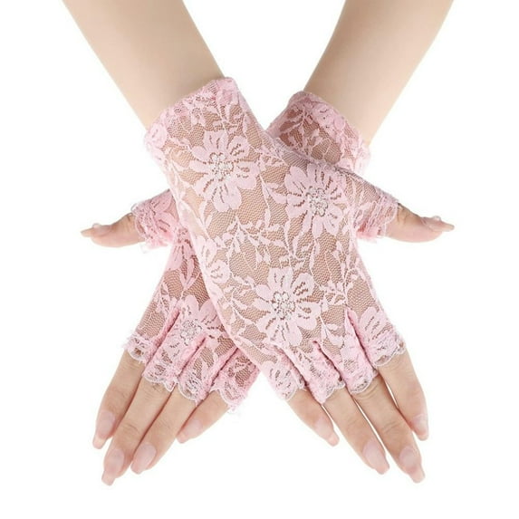 Womens Sexy Lace Driving Gloves Ladies Long Fingerless Half Finger Fishnet Gloves Lace Gloves Mesh Mitten Dance Gloves PINK