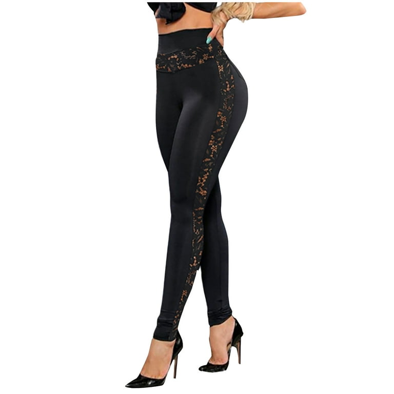 Womens Sexy Lace Leggings High Waist Mesh Panel Side Skinny Workout Yoga  Pants Casual Full Length Tights Trousers 