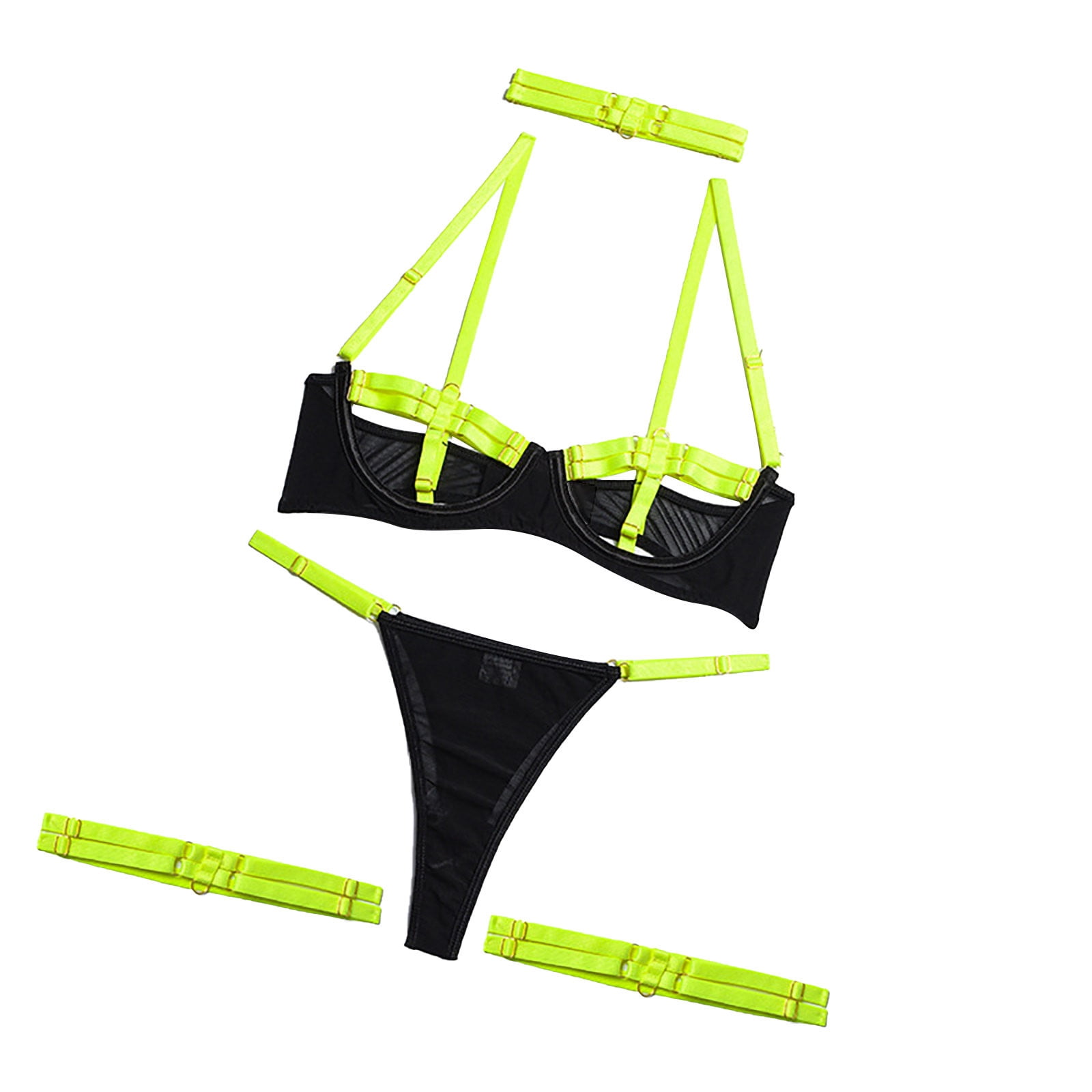 Womens Sexy Lingerie Set Sexy Glow In BlackLight Neon Strappy 4 Piece