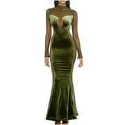 NEBZCIV Womens Sexy Long Dress Sheer Mesh Velvet Spring Casual Solid Long Sleeve Elegant High Neck Fitted Maxi Dresses