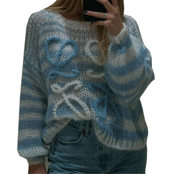 Womens Sexy Long Sleeve O Neck Knitted Stripe Printed Pulover Tops Sweater