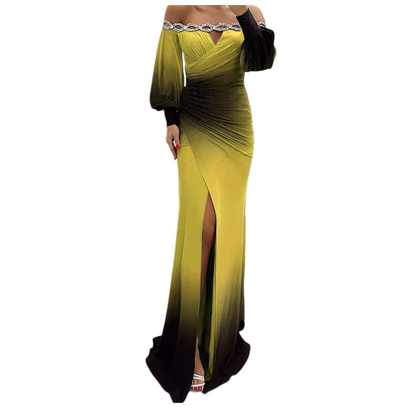 Womens Sexy Long Sleeve Off Shoulder Tie Dye Printed Bodycon Split Party Clubwear Long Dress