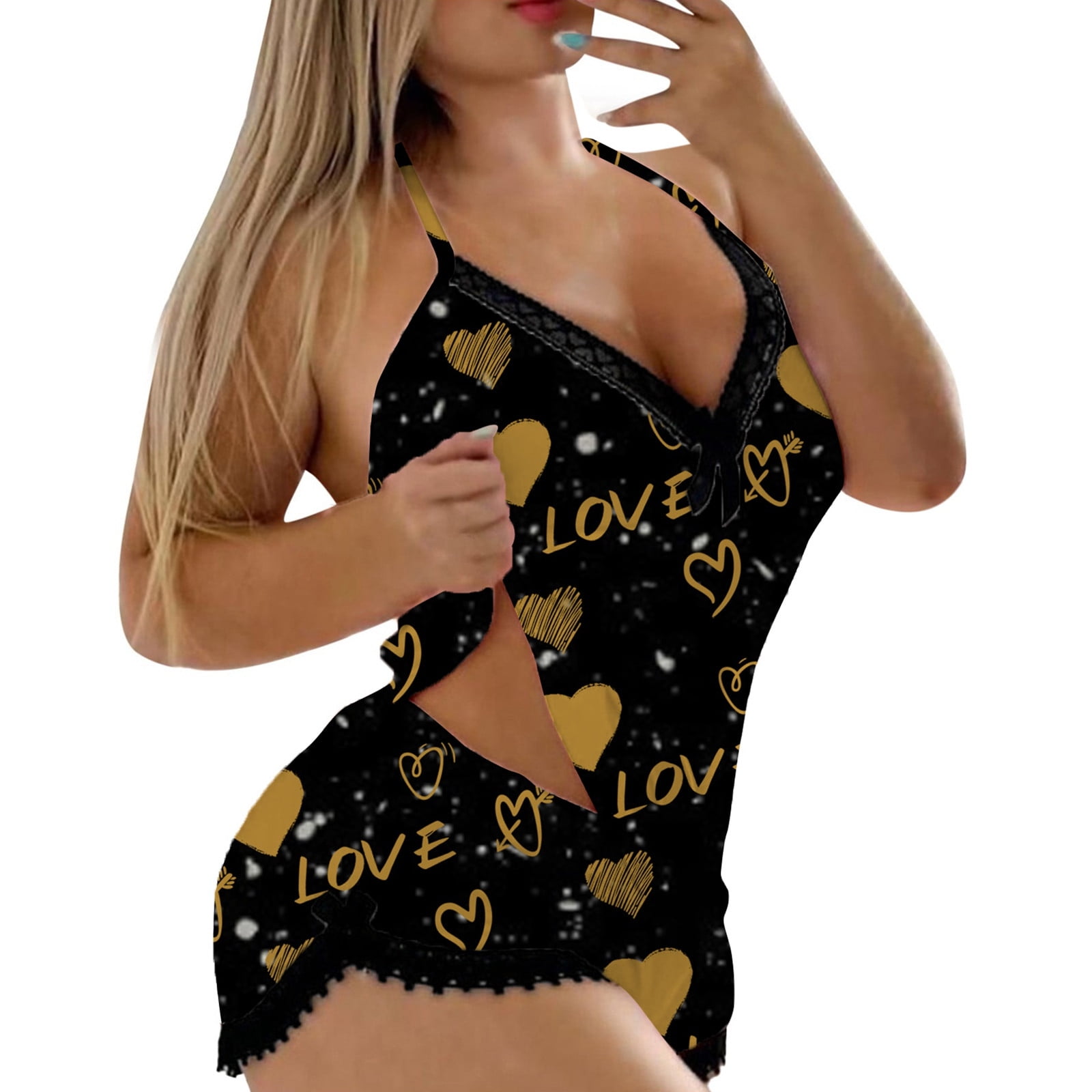 Womens Sexy Love Printing Camisole Shorts 2 Piece Set Sleepwear Lace  Backless Trim Lingerie Hot Pants Suit Teen Pajamas for Girls Full Suit  Pajamas Woman Pajama Womens Plaid Pajamas Small Pajama -