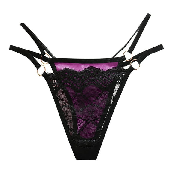 Womens Sexy Low Waist Satin Through Transparent Hollow Lace Thong Panties