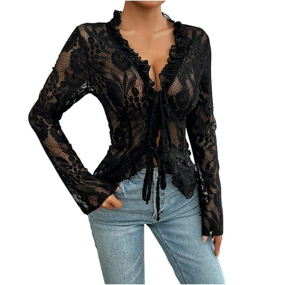 Womens Sexy Mesh Lace Tops Ruffle Open Front Tie T- Shirt Bell Sleeve V Neck Blouse Solid Party Clothing