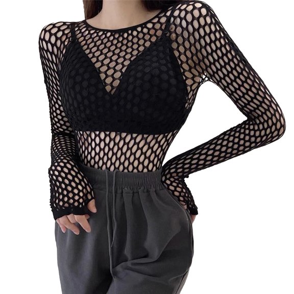 Womens Sexy Mesh Long sleeve Tops Fun Hollow Fashion Fishnets Slim fit Tops