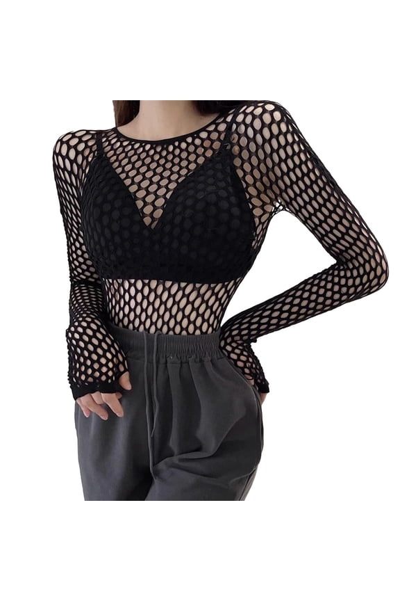 Womens Sexy Mesh Long sleeve Tops Fun Hollow Fashion Fishnets Slim fit Tops