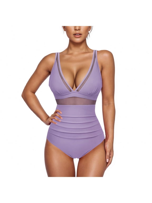 Womens Sexy Mesh One Piece Swimsuit Ruched Slimming Shapewear Bathing Suit Swimwear High Waisted V Neck Swimsuit Sets for Women